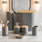 Porsima 4532 8 Parça Banyo Seti - Bambu Kapaklı Çöp Kovası, Sabunluk, Diş Fırçalığı ve Wc Fırçası Gri
