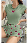 Yeşil Çilek Desenli Askılı Şortlu Pijama Takım