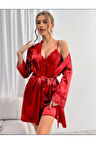 Dantel İşlemeli İnce Askılı Kırmızı Saten 2'li Gecelik Sabahlık Takımı