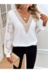 Kadın Uzun Kollu V Dantel Yaka Waffle Bluz