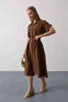 Kuşaklı Cep Detaylı Yarım Kol Elbise - Kahve