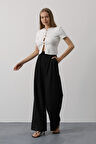 Pileli Bağcıklı Oversize Pantolon - Siyah