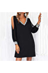 Kadın Siyah Uzun Kollu Kollar Tül Yırtmaçlı V Yakalı Kısa Krep Elbise