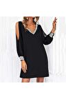 Kadın Siyah Uzun Kollu Kollar Tül Yırtmaçlı V Yakalı Kısa Krep Elbise