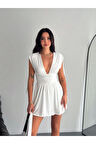 Omuzu Ip Askılı Şortlu Elbise - Beyaz
