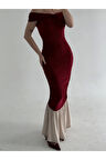 Striptiz Omuzlu Uzun Elbise- Bordo