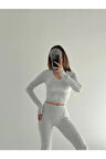 V Yaka Uzun Kollu Bluz İspanyol Paçalı Tayt İkili Takım - Gri