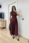 Asimetrik Düşük Yaka Kolsuz Uzun Elbise - Bordo