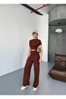 Osy Modal Yumuşak Dokulu Kumaş Kısa Kollu Crop Rahat Pantalon Ikili Takım - Kahverengi