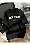 New York Baskılı Oversize Bisiklet Yaka T-shirt - Siyah