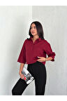 Crop Yakalı Gömlek Üç Çeyrek Sleeve Kol - Bordo