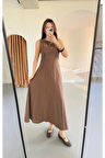 Keten Uzun Kolsuz Elbise- Kahverengi