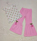 1-2-3-4 Yaş Kiraz Baskılı Tişört İspanyol Paçalı Likralı 2li Kız Çocuk Takımı