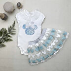 1-2-3 Yaş Payetli Mickey Nakışlı Kısa Kollu Brode Etekli 2li Kız Bebek Takımı Turkuaz