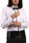 Beyaz Siyah Tek Bieli Damatlık Ata Yaka Kol Düğmeli Slim Fit Smokin Gömlek - 027