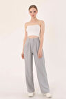 Kadın Gri Yüksek Bel Keten Palazzo Pantolon