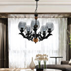 DEDE BEŞ KOLLU AHŞAPLI SİYAH SAVA ZAMAK AVİZE FÜME CAMLI