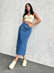 Kadın Yüksek Bel Pamuklu - Likrasız Denim Etek