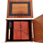 Dekoratif Hediyelik Ahşap Kutulu Kahve Deri Defter ve Metal Bakır Kalem