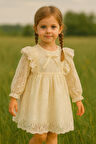 Kız Bebek Çocuk Uzun Kollu Dantelli Fiyonklu Fırfırlı Parti Düğün Doğum Günü Bayramlık Elbise