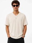 Erkek V Yaka Basic Tişört Kısa Kol Yazlık Regular Fit T-Shirt - Bej