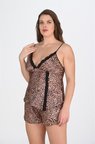 Arias Closet Büyük Beden Leopar Desenli Dantel İşlemeli Saten Şortlu Gecelik Takımı