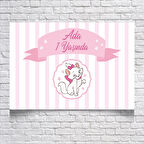 Pembe Çizgili Kedili Doğum Günü Afişi 100X150 cm