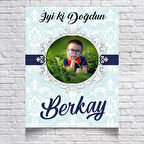 Mavi Damask Desenli Doğum Günü Afişi Resimli 70x100 Cm