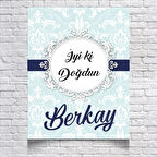 Mavi Damask Desenli Doğum Günü Afişi 50x70 Cm