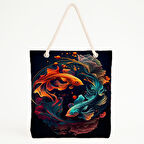 Yin-Yang Koi Balığı Baskılı Lotus Temalı Plaj Çantası