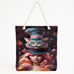 Şapkacı ve Gülümseyen Kedi Baskılı Plaj Çantası