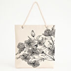 Siyah Çiçek Desenli Zarif Doğa Temalı Plaj Çantası