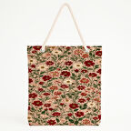 Yoğun Çiçek Desenli Bej Zeminli Romantik Plaj Çantası