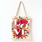 LOVE Yazılı Çiçek Desenli Bej Zeminli Duygusal Plaj Çantası