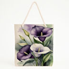 Mor Calla Lily Desenli Suluboya Zeminli Zarif Plaj Çantası