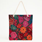 Nakış Çiçekli Kırmızı Zeminli Dokulu Sanatsal Plaj Çantası