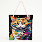 Renkli Kedi İllüstrasyonlu Plaj Çantası