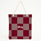 Bordo Bej Kare Desenli Retro Plaj Çantası