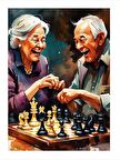 Satranç Oynayan Yaşlı Çift Dekoratif ahşap Tablo 18cm X 27cm