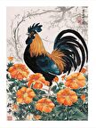 Turuncu Çiçekler Ve Horoz Mdf poster 18cm X 27cm