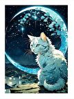 Beyaz Kedi Ve Ay Hediyelik Ahşap Tablo 18cm X 27cm