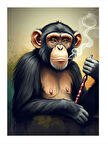 Sigara İçen Maymun Modern Ahşap Tablo