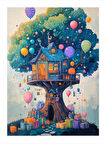 Renkli Balonlu Ağaç Evi Desenli Ahşap Tablo