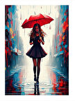 Kırmızı Şemsiye İle Yağmurda Kadın Modern Ahşap Tablo