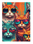 Renkli Gözlüklü Kediler Art Mdf Poster