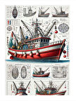 Teknik Çizimle Balıkçı Gemisi Mdf poster