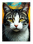 Bakışları Güçlü Renkli Kedi Tasarım Ahşap Tablo