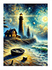 Deniz Feneri Ve Ay Manzarası Dekoratif Mdf Tablo