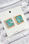 Pirinç Turkuaz Üçgen Kesim Detaylı Kare Model Vintage Gold Renk Kadın Küpe - TJ-BKP10873