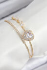 Pirinç Zirkon Taşlı Kalp Model Gold Renk Kadın Bileklik - TJ-BB7855
